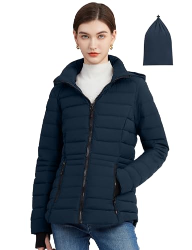 What to Wear While Traveling for the Holidays 36 SLOWTOWN Women’s Lightweight Puffer Jacket Packable Hooded Puffer Jacket Winter Puffy Jacket (Navy, Medium)