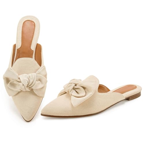 Mules for Fall: How to Wear Them + Styles to Shop 19 Rilista Flat Mules for Women Closed Pointed Toe Backless Mule Sandals Comfortable Slides Mules Shoes Ladies Slip-on Loafers Light Khaki Size 8.5