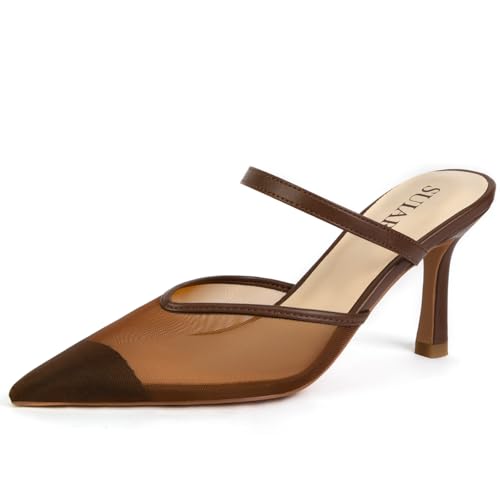 Mules for Fall: How to Wear Them + Styles to Shop 37 SUIARA Brown Mesh Kitten Heels for Women Pointed Closed Toe Slingback Heels Mules Backless Sexy Slip On Pumps Party Dress Shoes