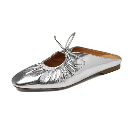 Mules for Fall: How to Wear Them + Styles to Shop 12 Women's Wrinkled Leather Lace Up Flat Mules Fashion Closed Square Toe Slip-On Slingback Ballet Flats Comfortable Casual Dressy Date Office Work Shoes Silver