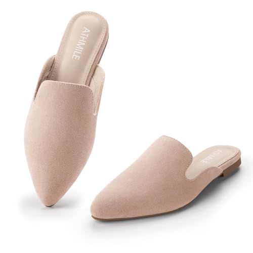 Mules for Fall: How to Wear Them + Styles to Shop 4 ATHMILE Mules for Women Flats Shoes Comfortable Business Work Dress Casual Womens Mules Flats Closed Pointed Toe Slip on Mules Flats for Ladies Beige