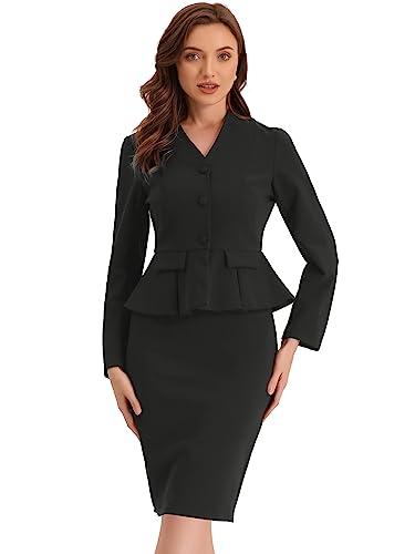 7 Fall/Winter Runway Looks for Women Over 40 4 Allegra K Business 2 Piece Suit Set for Women's Long Sleeve Collarless Peplum Blazer Pencil Skirts Small Black