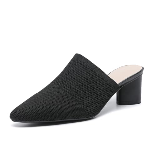 Mules for Fall: How to Wear Them + Styles to Shop 47 NourIron Women’s Knit Closed Pointed Toe Chunky Heel Mules Fashion Mesh Breathable Low Block Heel Pump Sandals Comfortable Slip On Dress Party Shoes (Black,8)