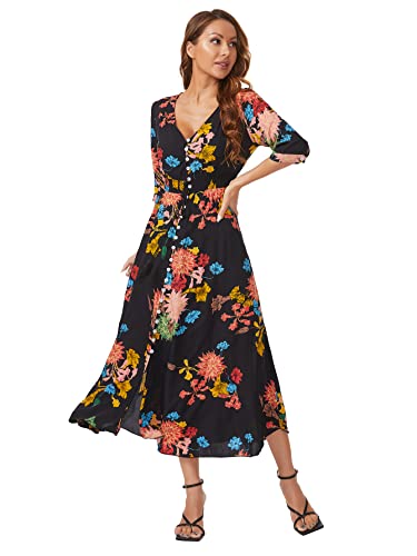 How to Wear the Color Peach 18 Milumia Women's Button Up Split Floral Print Flowy Party Maxi Dress Black and Red Medium