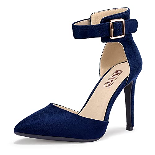 7 Fall/Winter Runway Looks for Women Over 40 25 IDIFU Women's IN4 Tara Stiletto High Heels Closed Toe Pumps Ankle Strap Wedding Business Evening Dress Shoes for Women Lady Bride (Blue Suede, 7.5 M US)