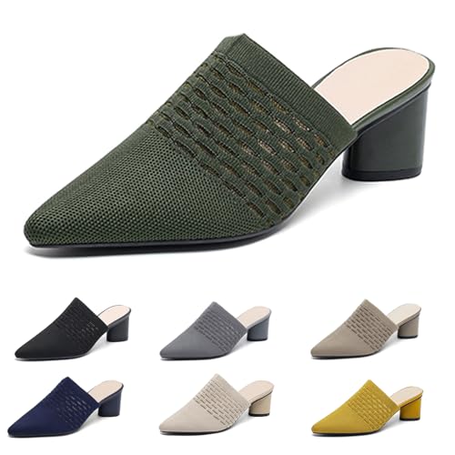 Mules for Fall: How to Wear Them + Styles to Shop 43 Women’s Knit Mesh Chunky Heel Mules Closed Pointed Toe Backless Slip On Mid Block Heel Dress Slide Sandals Summer Breathable Daily Party Pumps (Green-2,9)