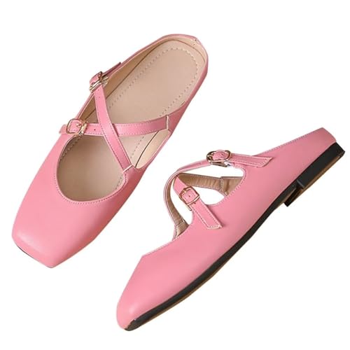Mules for Fall: How to Wear Them + Styles to Shop 18 VFDB Women Mules Elegant Dressy Flats Closed Toe Microfiber Leather Shoes Adjustable Buckle Strap Mary Jane Casual Office Shoes Pink US 8.5