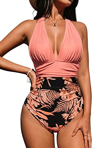 How to Wear the Color Peach 19 CUPSHE Women Swimsuit One Piece Bathing Suit V Neck Halter Ruched Tummy Control Floral Backless, M Coral Pink