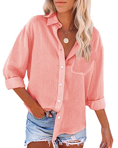 How to Wear the Color Peach 14 Mutitop Womens Button Down Shirts Cotton Dress Shirt Long Sleeve V Neck Solid Blouse Tops Casual Tunics with Pockets - Peach L
