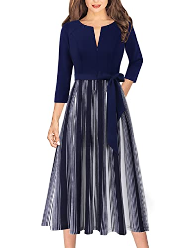9 Fab New Year’s Eve Dress Styles for Under $50 8 VFSHOW Womens Navy White Stripe Colorblock Front Zipper Work Business Office Casual Belted Slim A-Line Midi Dress 10178 BLU S