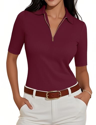 Menopause Fashion: Dressing in Style When You're Too Darn Hot 6 Meetrendi Women's Half Sleeve Top 2025 Summer Elegant V Neck Zipper Collared Work Shirts Slim Fitted Dressy Blouses Burgundy