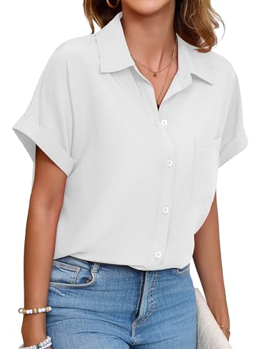 Menopause Fashion: Dressing in Style When You're Too Darn Hot 2 Poplab Womens Button Down Shirt Summer Casual Short Sleeve Relaxed Fit Work Blouse(White,S)