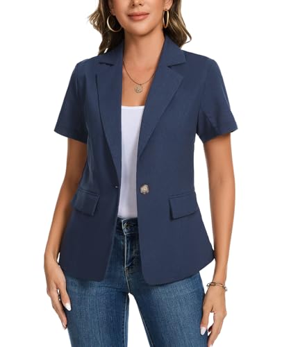 Menopause Fashion: Dressing in Style When You're Too Darn Hot 8 MINTLIMIT Women's Blazers & Suit Jackets Button Front Short Sleeve Jacket Lapel Collar Cotton Linen Blazers Casual Workwear with Pocket,Navy Blue,L