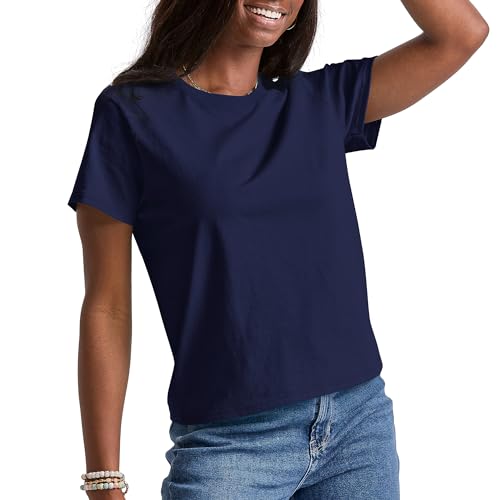 What to Wear While Traveling for the Holidays 8 Hanes Comfortblend Essentials, Cotton Crewneck Tee, Classic Fit T-Shirt for Women, Athletic Navy