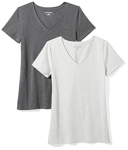 What to Wear While Traveling for the Holidays 6 Amazon Essentials Women's Regular-Fit Short-Sleeve V-Neck T-Shirt, Pack of 2, Charcoal Heather/Light Grey Heather, Large