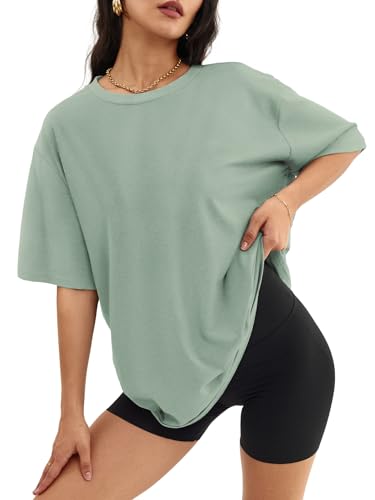 What to Wear While Traveling for the Holidays 11 ATHMILE Oversized T Shirts for Women Loose Fit Crewneck Short Sleeve Tops Summer Casual Blouse Y2K 2025 Basic Tee Beach Grey Green