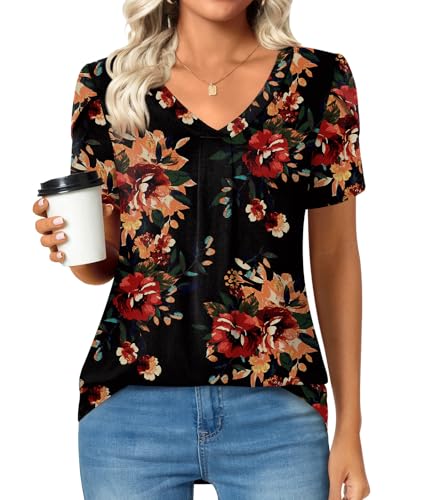 How to Wear the Color Peach 17 Bestbee Womens Plus Size Short Sleeve Blouses Summer Casual Loose Fit Tops V Neck Tunics, XL, Brown Floral Black