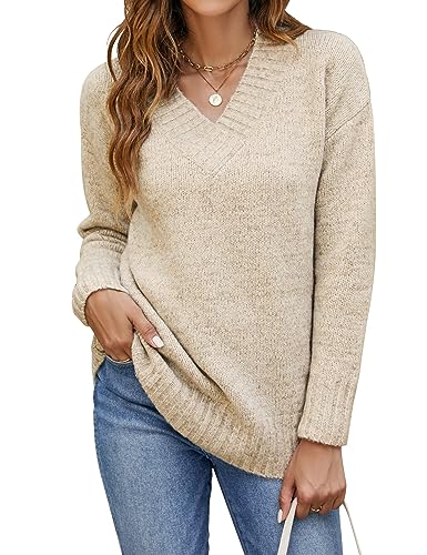 What to Wear While Traveling for the Holidays 5 Bluetime Women Long Sleeve Cable Knit Soft Sweater Oversized Loose V Neck Pullover Tops Casual Plain Tunic Sweater (XL, Khaki)