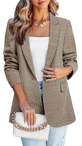 7 Fall/Winter Runway Looks for Women Over 40 41 Ladies Open Front Lapel Blazer Business Casual Fashion Dressy Suit Jacket Long Plaid Blazer Jackets for Women Brown XL