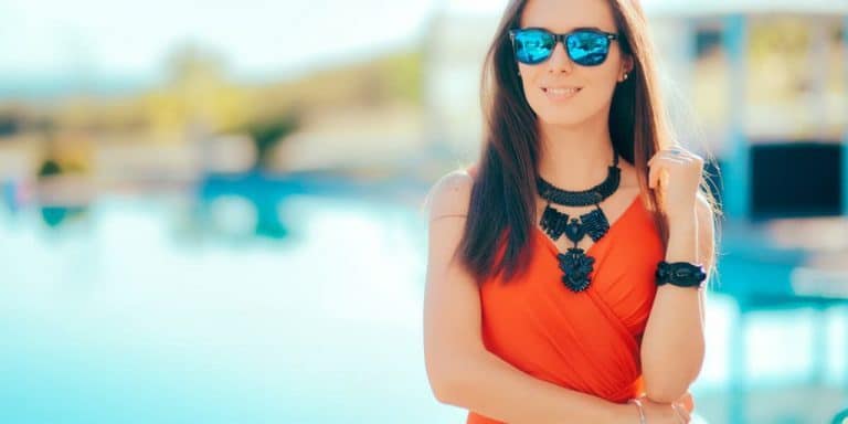 Woman wearing statement necklace