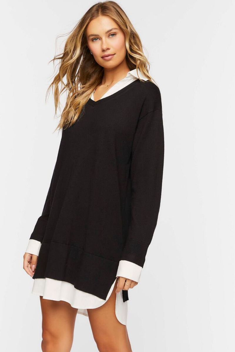 Fall Trend Report: How to Style a Sweater Dress 3 Model wears black sweater dress with white collar and cuffs.