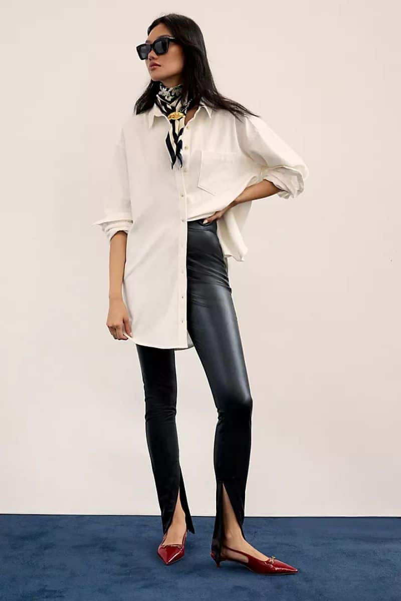 Leather Clothes are Trending: Here's How to Wear Them 2 Model wears leather leggings from Anthropologie.