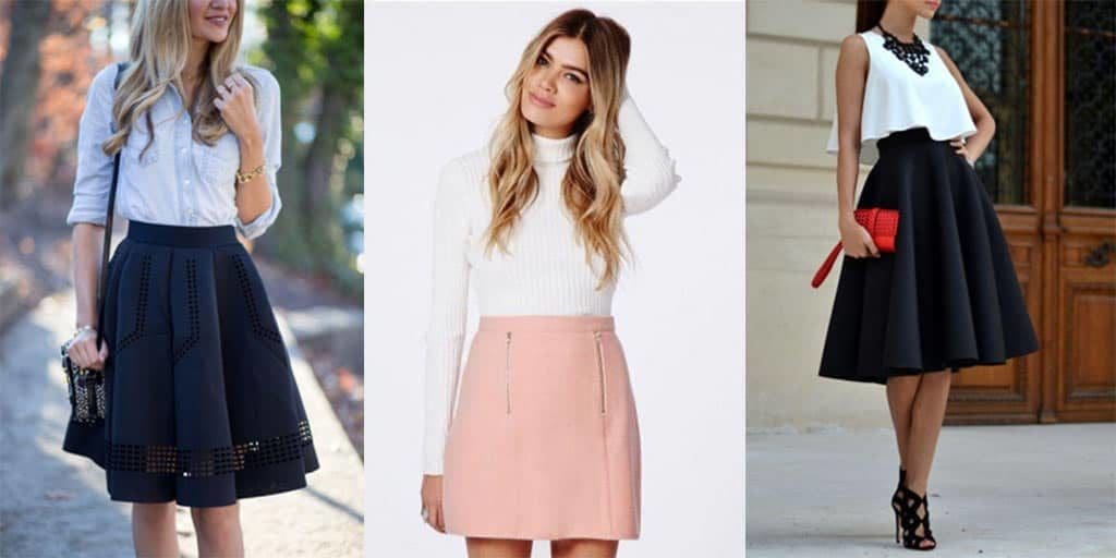 A-Line Skirt: The Silhouette That Always Flatters 24 Collage of three outfits featuring A-line skirts.