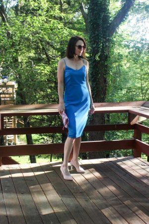Le Tote Review -- It's Netflix for Clothes 6 Blue midi dress with blush shoes and floral handbag