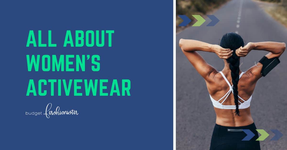 View from behind of fit woman with text overlay that reads, all about women's activewear.