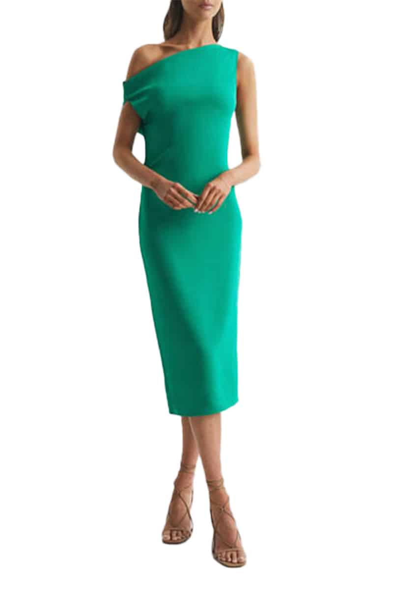 What to Buy at the Fenwick Designer Sale 3 Green, off-shoulder dress on sale at Fenwick designer sale.