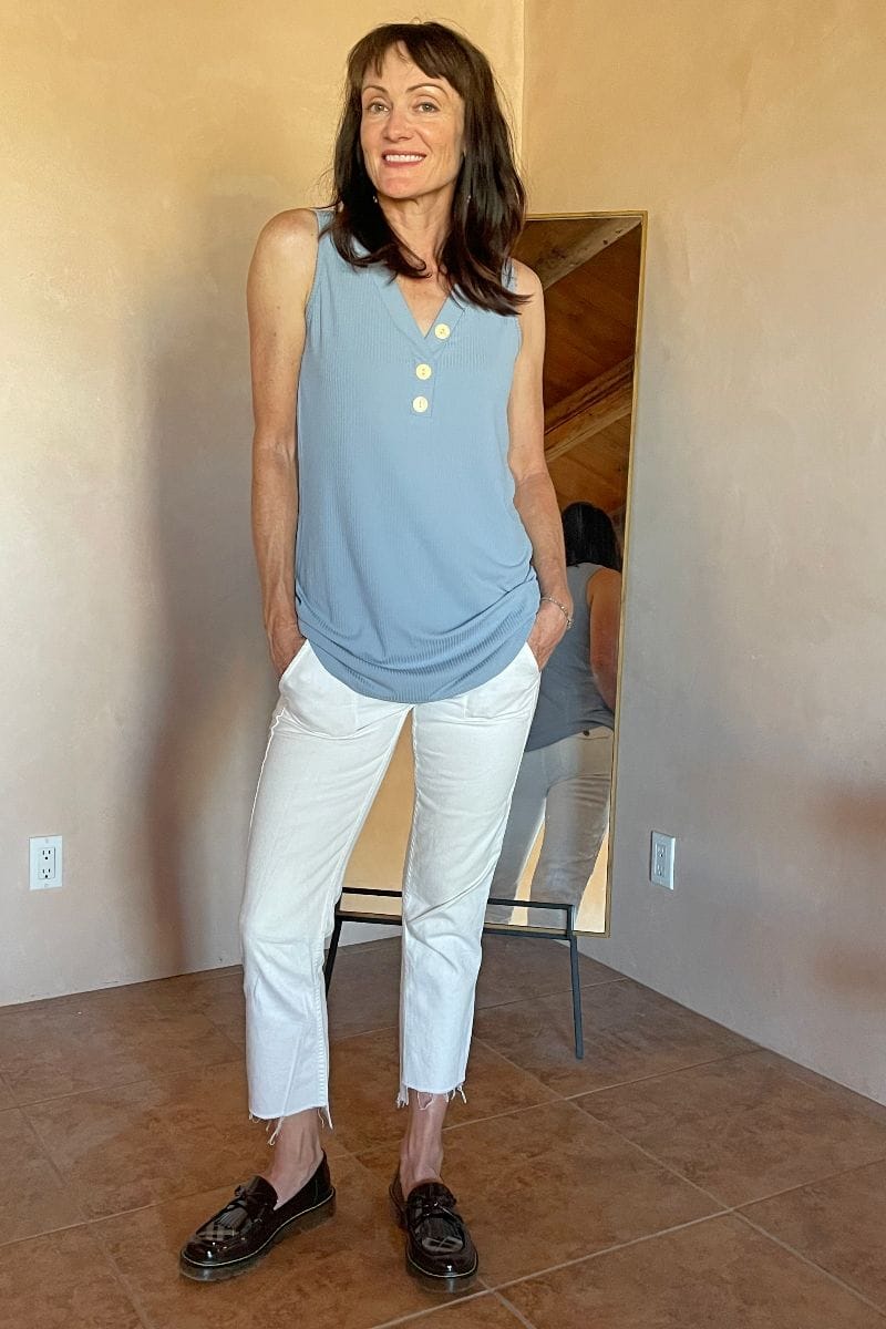How to Wear Chunky Loafers After 40 5 Catherine Brock styling chunky loafers with white denim pants and tunic.