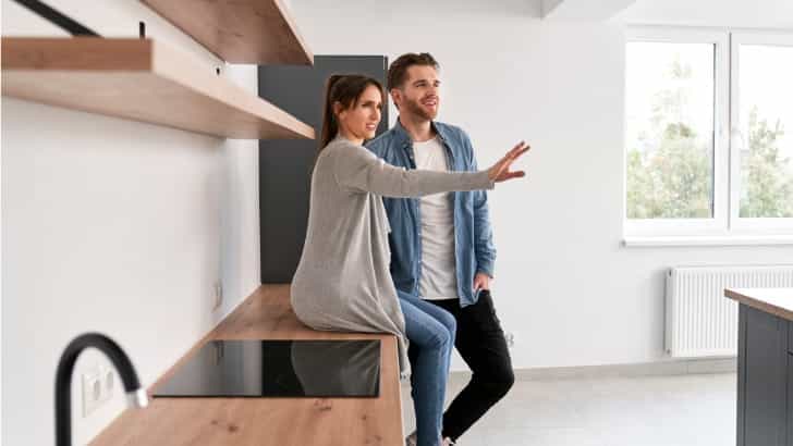 15 Small and Simple Ways to Save Money After Your Wedding 95 Young couple plans decor in their new home, to represent saving money after your wedding.