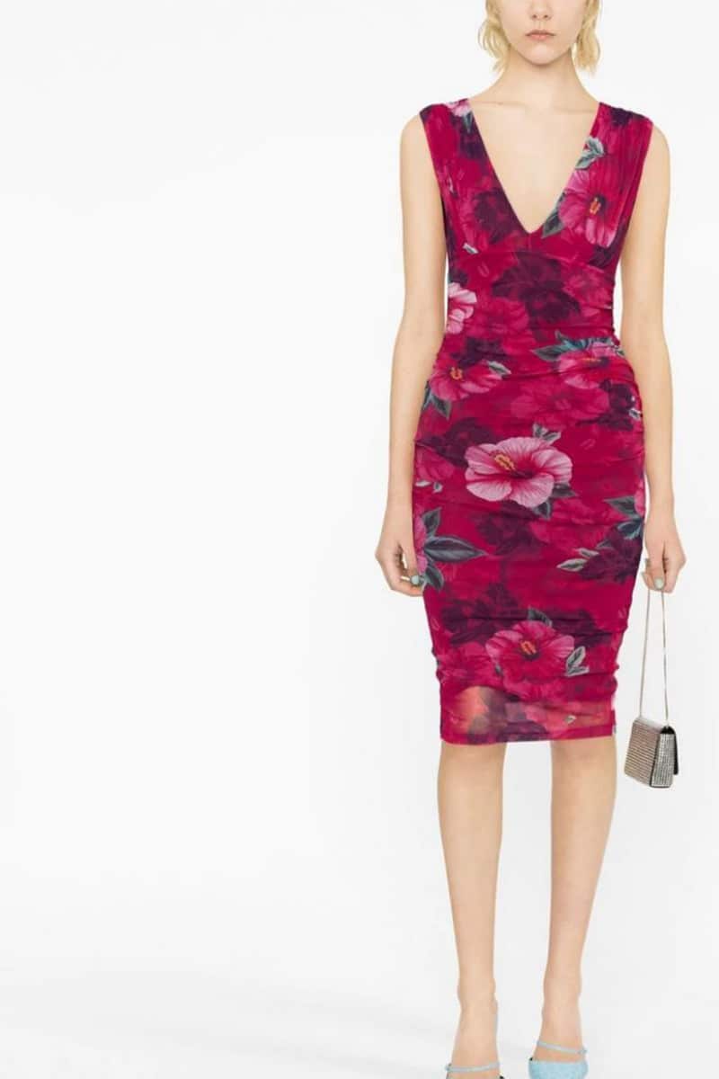 Farfetch Sale: 10 Designer Pieces to Shop Now for Less 3 Red and pink floral print dress discounted at Farfetch sale.