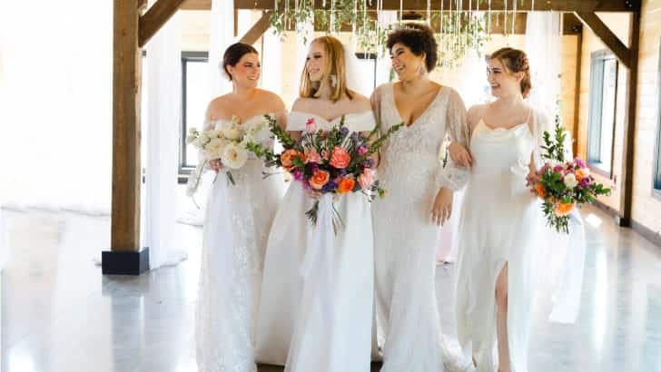 Buying Bridesmaid Dresses Online: 11 Tips for Success 82 Woman in bridal party wearing white dresses.