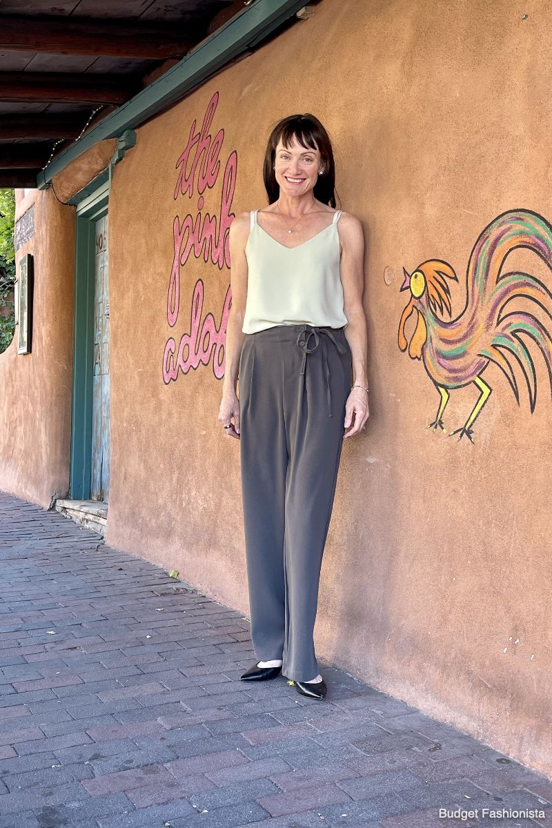 Chicwish Review: Honestly, Here's What You Get at Chicwish for $450 4 Catherine Brock wearing green cami and gray trousers for Chicwish reviews.