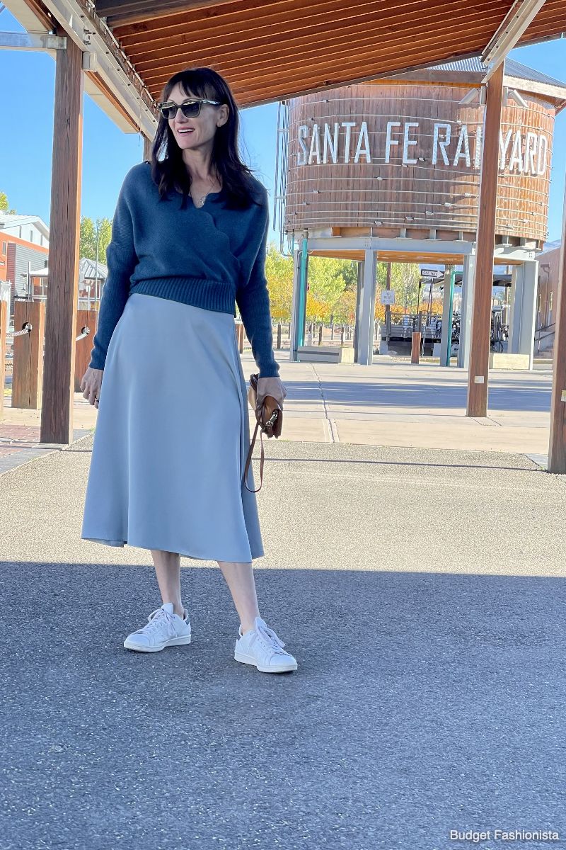 Chicwish Review: Honestly, Here's What You Get at Chicwish for $450 6 Catherine Brock wearing Chicwish sweater and satin A-line skirt.