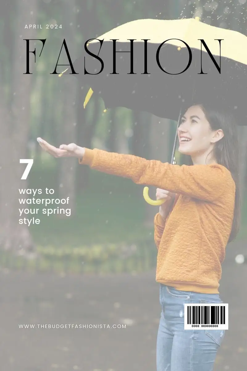 7 Ways to Waterproof Your Spring Look Under $50 1 Woman standing out in rain with umbrella.