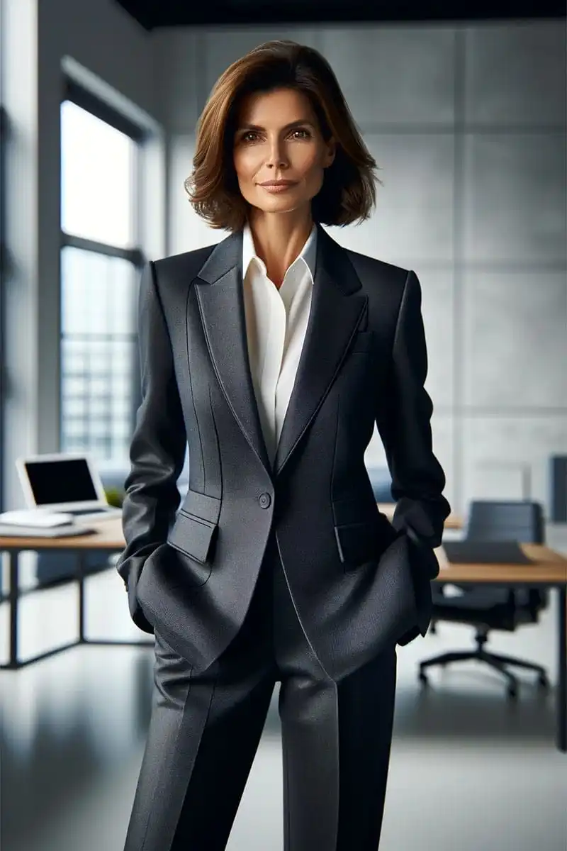 Business Blazer: 6 Chic Blazer Outfits to Wear to Work 2 Woman wearing blazer and matching pants in an office.