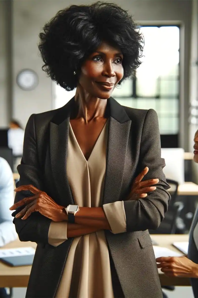 Business Blazer: 6 Chic Blazer Outfits to Wear to Work 4 Woman wearing blazer over neutral-toned dress.