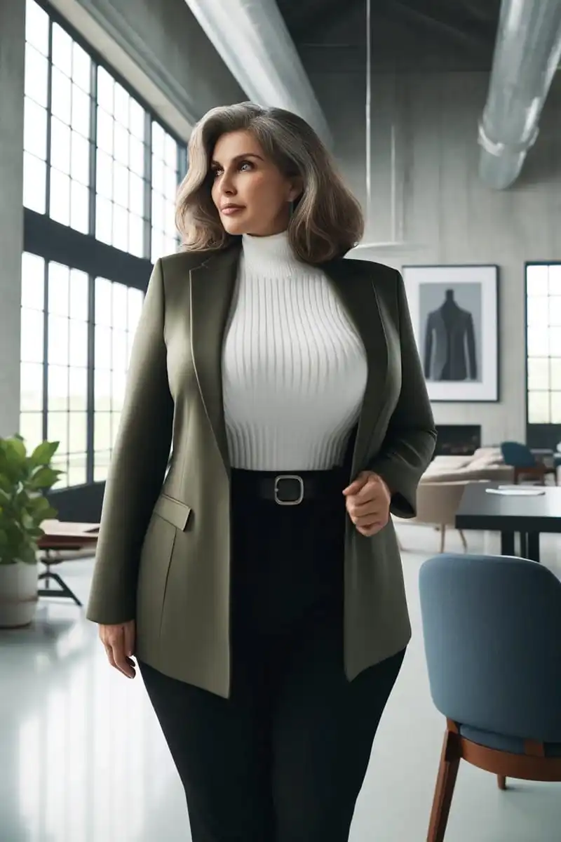 Business Blazer: 6 Chic Blazer Outfits to Wear to Work 5 Woman wearing olive green blazer over white turtleneck with jeans.