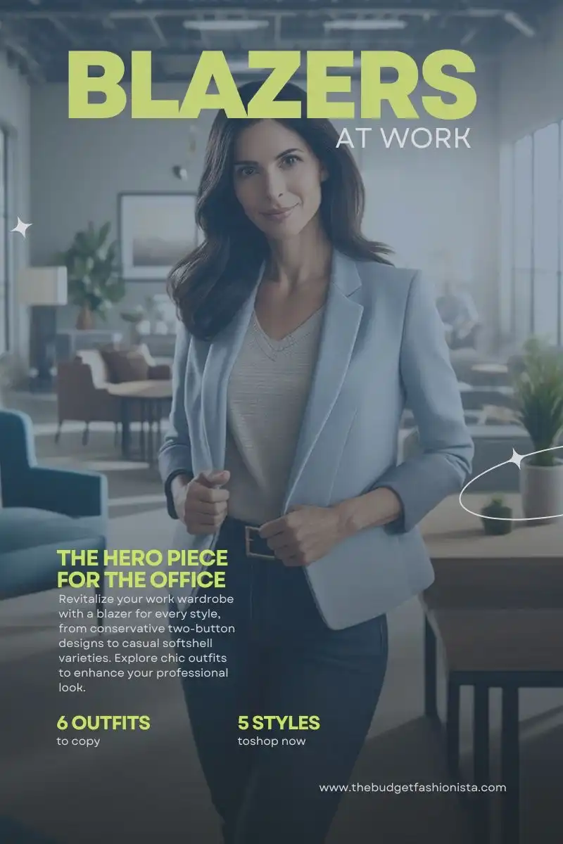 Business Blazer: 6 Chic Blazer Outfits to Wear to Work 1 Woman wearing blazer with text overlay of blog post title.