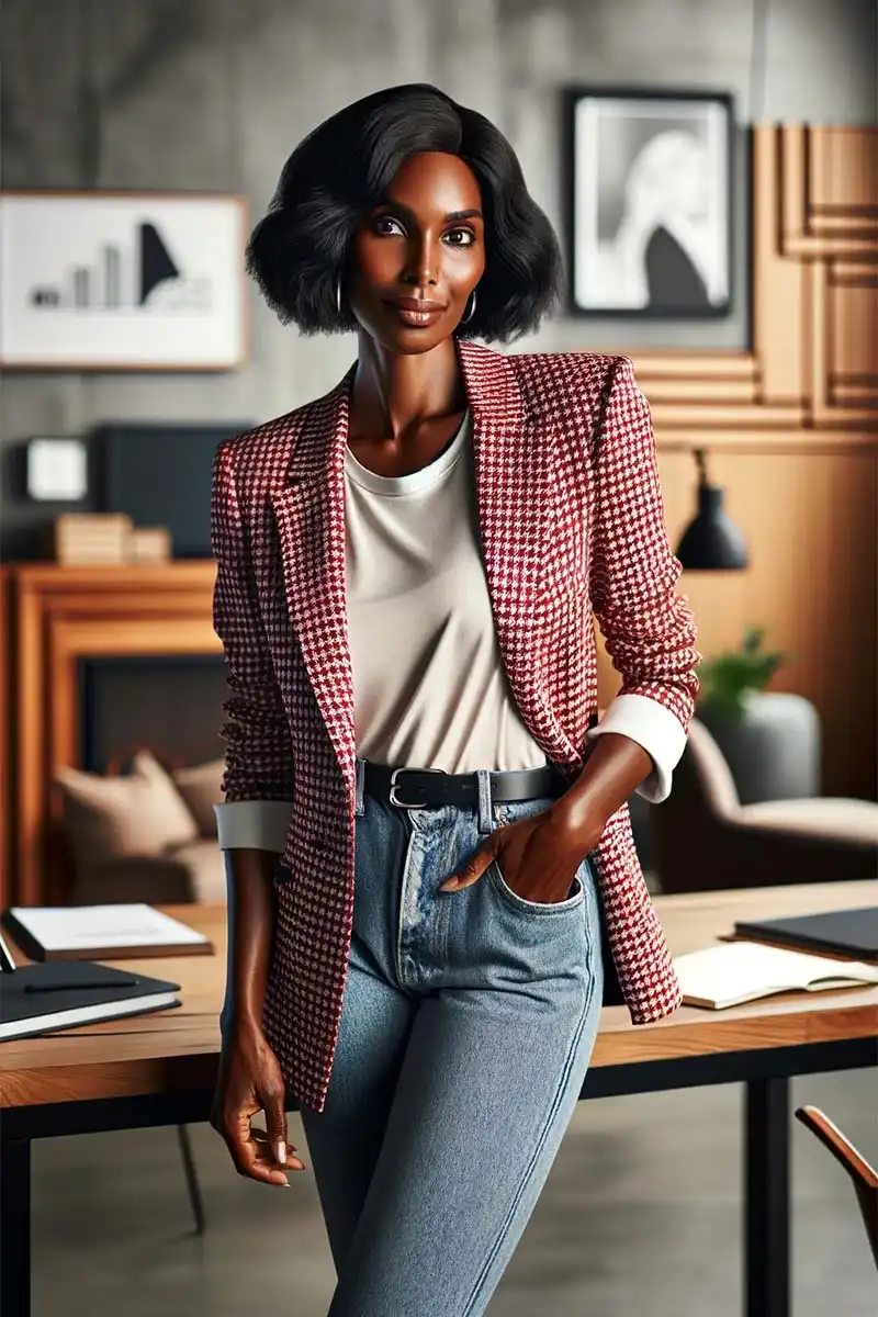 Business Blazer: 6 Chic Blazer Outfits to Wear to Work 7 Woman wearing red checked blazer with white t-shirt and jeans.