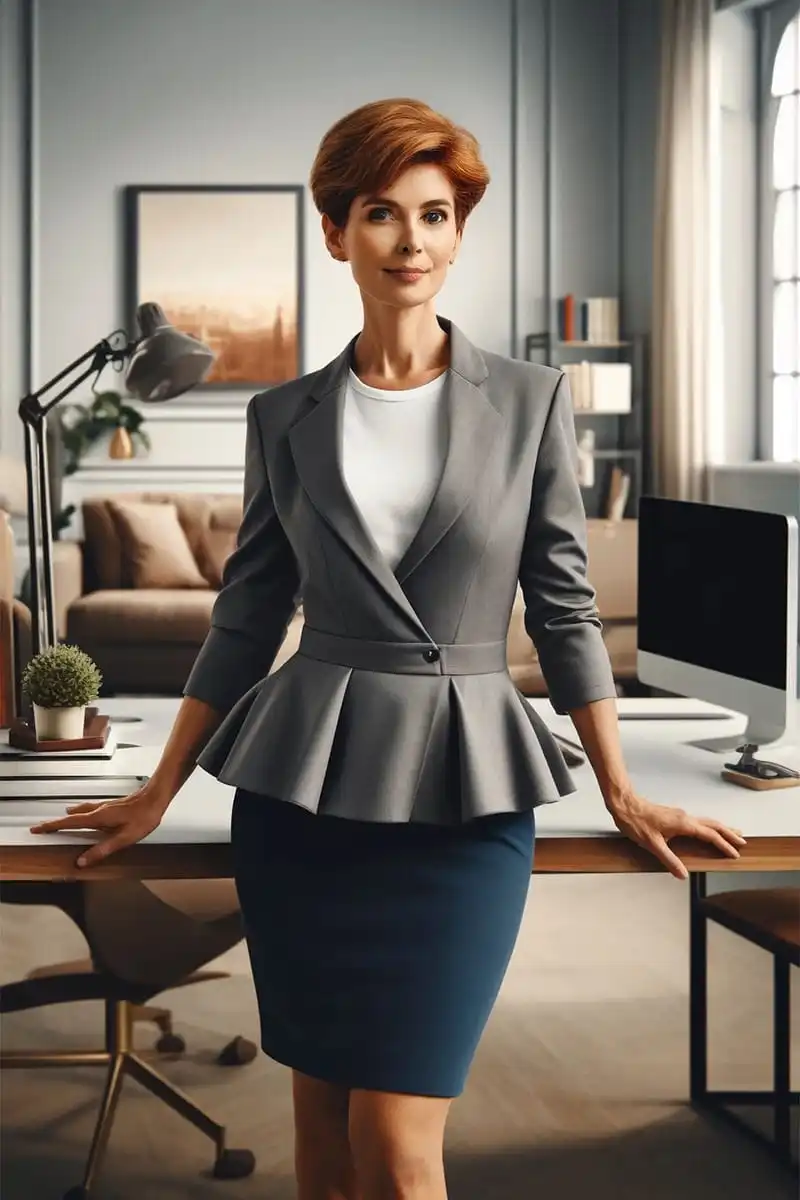 Business Blazer: 6 Chic Blazer Outfits to Wear to Work 3 Red-headed woman wearing peplum blazer with pencil skirt.