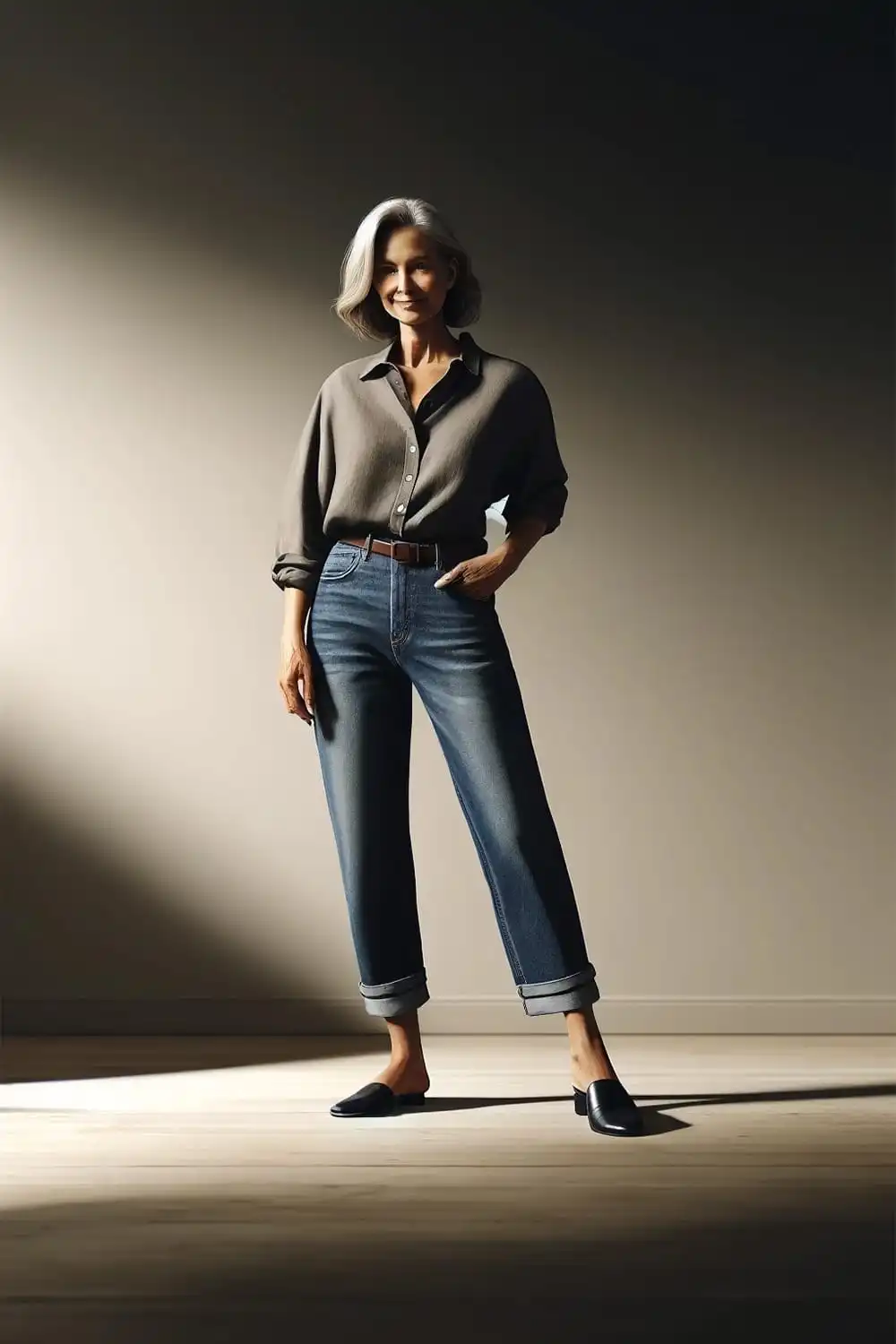 How to Be Fashionable After 70 4 Stylish older woman wearing jeans, blouse and mules.