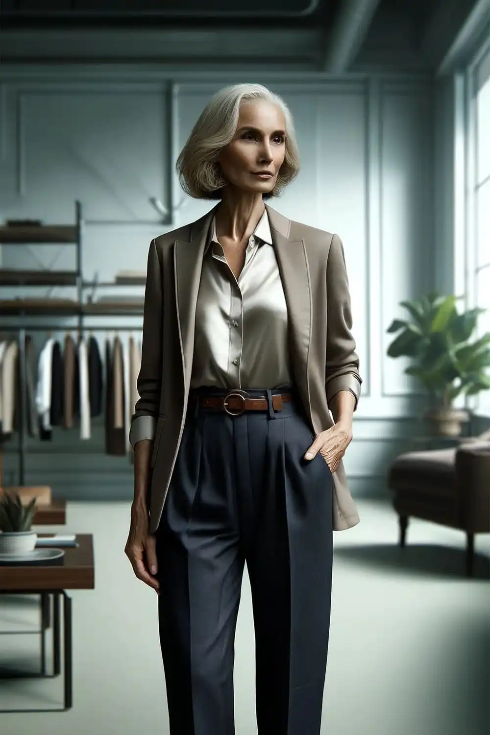 How to Be Fashionable After 70 2 Fashionable older woman wearing blouse, blazer, and twill pants.