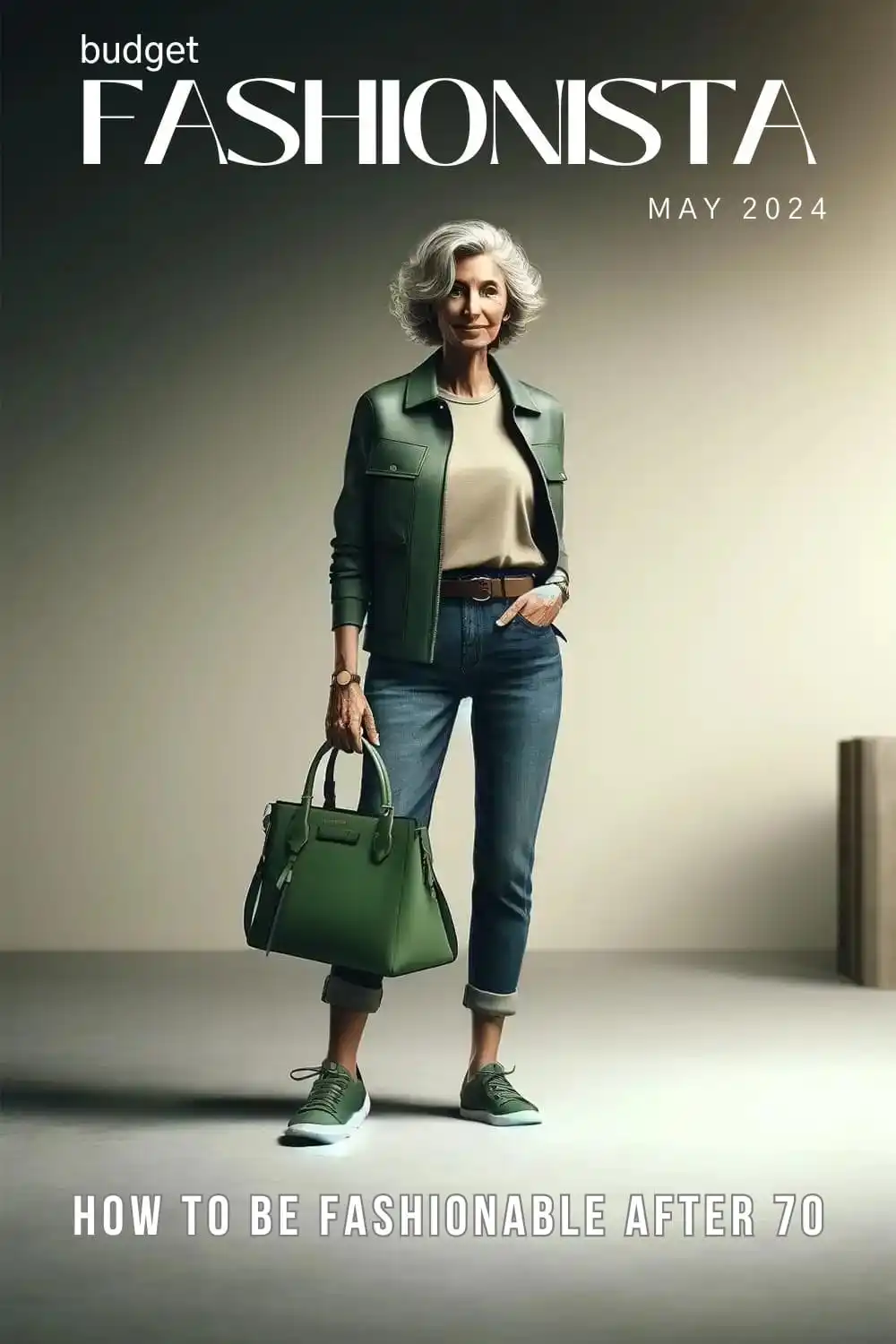 How to Be Fashionable After 70 1 Older woman wearing stylish green jacket with jeans.