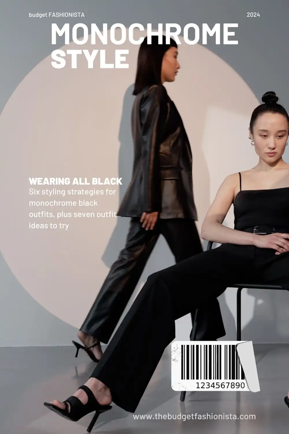 Mastering Monochrome: Styling All-Black Outfits on a Budget 1 Two woman wearing all-black outfits against geometric background.