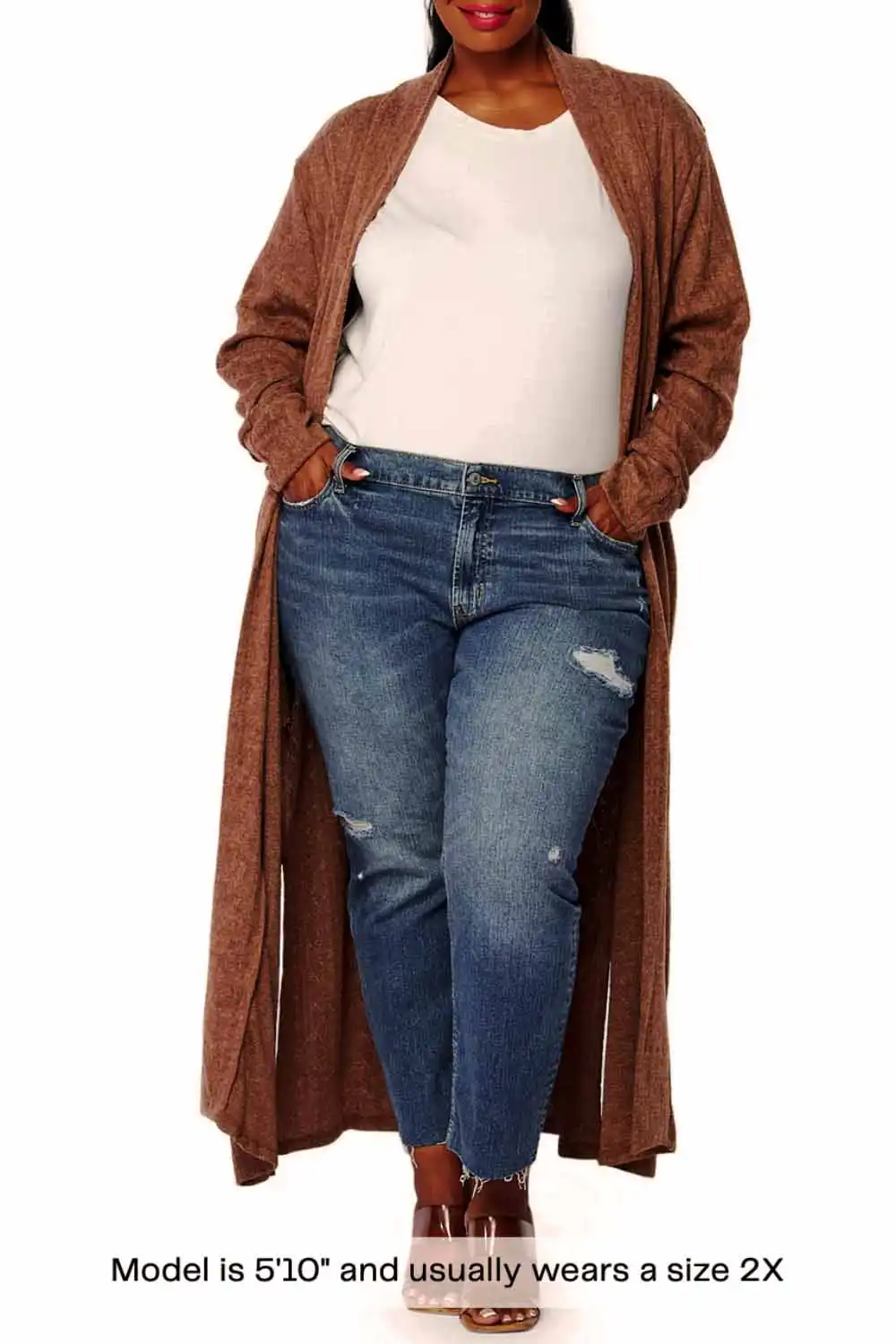 6 Fall Knits Inspired by Gigi Hadid's Instagram 7 Model wearing knit duster cardigan with jeans and tee shirt.