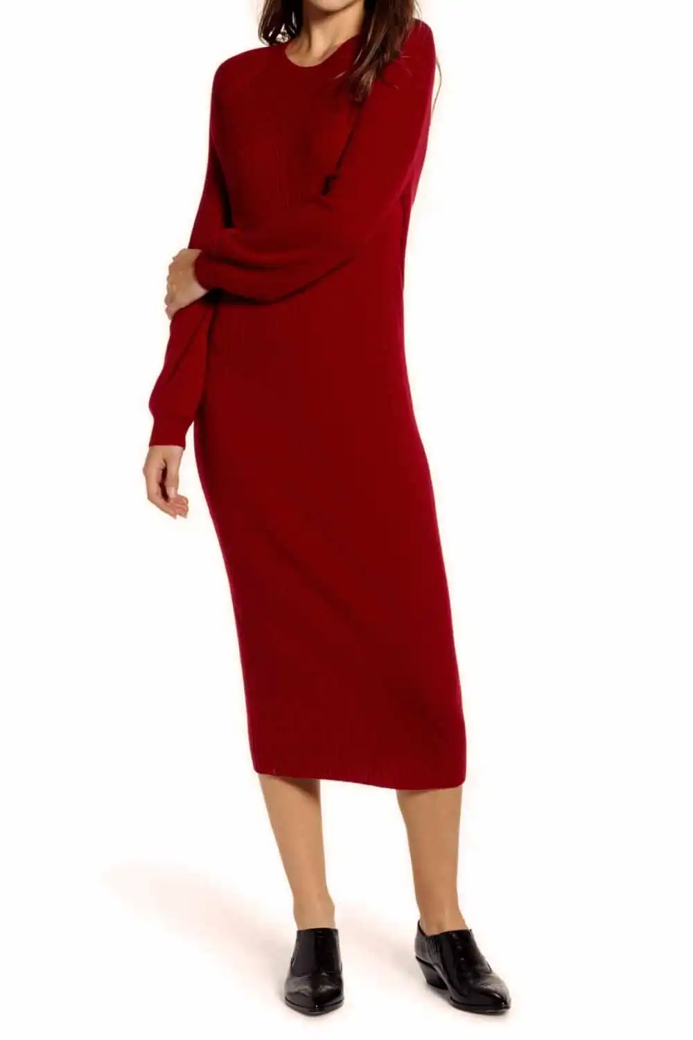 6 Fall Knits Inspired by Gigi Hadid's Instagram 5 Model wearing red midi sweater dress against white background.