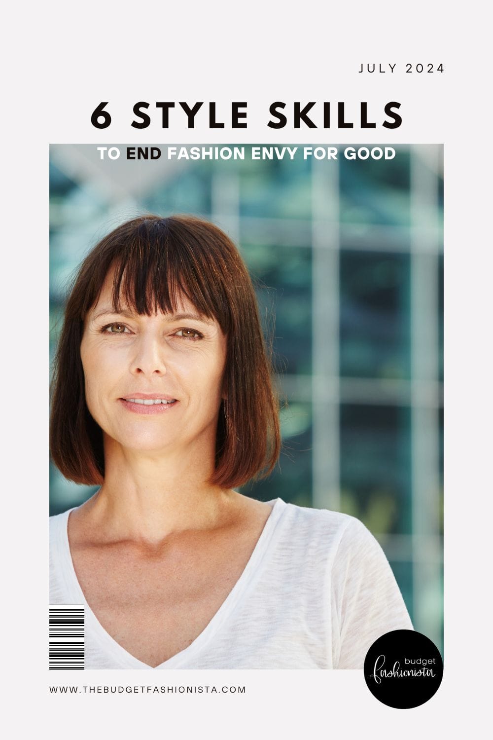 6 Small Style Skills to Defeat Fashion Envy for Good 1 Woman with bob hair style and white top stands outside.